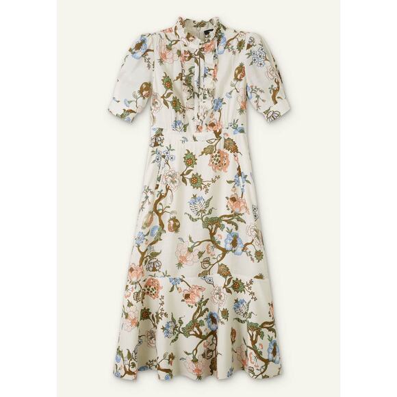 ME+EM Floral Garden Print Midi Dress Ruffled - US 6 - Light Cream/Blue/Multi